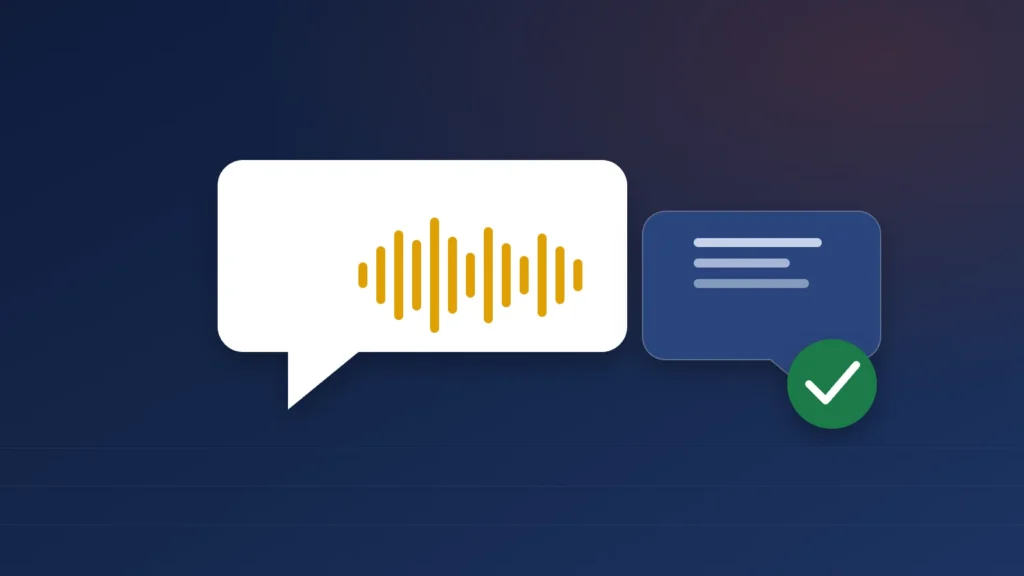 Illustration of a spoken French assessment: a speech bubble with a voice waveform, a written reply and a pass mark